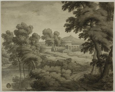 Italienische Landschaft mit Schloss, Bäumen und Wasser im Vordergrund von School of Nicolas Poussin