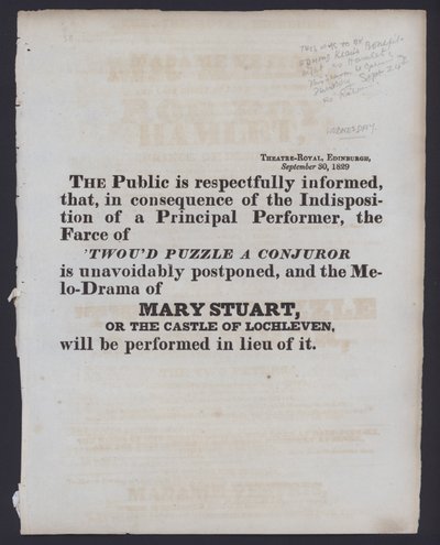 Hinweis auf eine Änderung der geplanten Aufführung im Theatre Royal, Edinburgh, 30. September 1829 von Scottish School