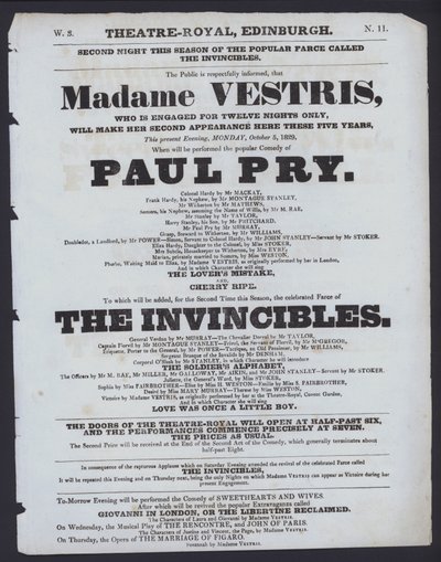 Theaterprogramm für das Theatre Royal, Edinburgh, 5. Oktober 1829 von Scottish School