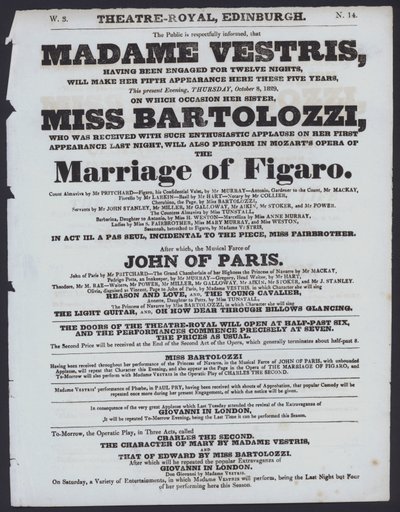 Theaterprogramm für das Theatre Royal, Edinburgh, 8. Oktober 1829 von Scottish School
