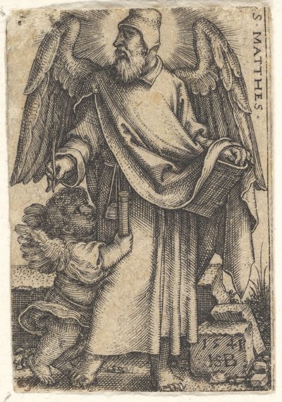 Tafel 1: Heiliger Matthäus mit nach links gedrehtem Kopf, ein Cherub unten links, 1541 von Sebald Beham