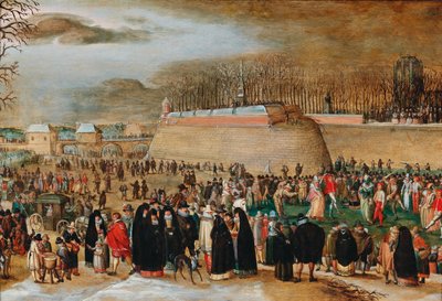Winterlandschaft mit Karnevalsszene in der Nähe des Kipdorppoort-Bastions in Antwerpen von Sebastiaen Vrancx