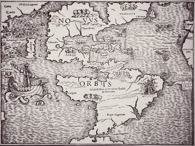 Karte von Amerika mit dem Atlantischen und Pazifischen Ozean von Sebastian Munster