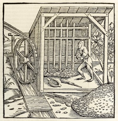 Bergbau mit Wasserrad, aus der Ausgabe von 1550 der 