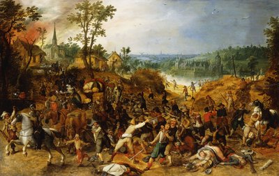 Eine Landschaft mit Plünderern, die einen Wagenzug angreifen und ein Dorf plündern von Sebastian Vrancx