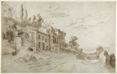 Häuser unter den Ruinen mit einem entfernten Blick auf Rom von Sebastian Vrancx