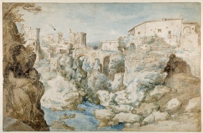 Ansicht von Tivoli mit dem Tempel der Tiburtinischen Sibylle und den Wasserfällen (Feder & Tinte mit brauner und blauer Waschung auf Papier) von Sebastian Vrancx