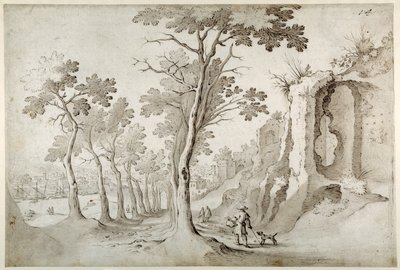 Blick auf die Porta Ripa von einer Allee von Bäumen unter Ruinen auf dem Aventin, Blick auf S. Maria dell