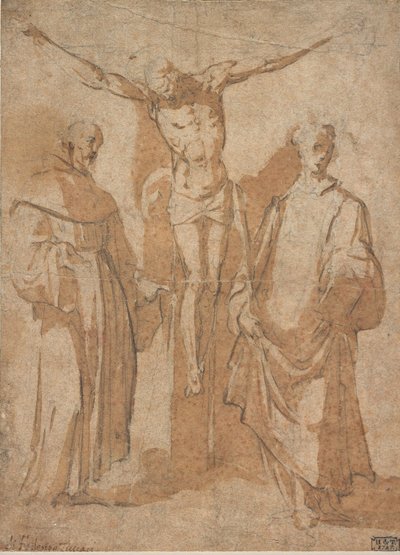 Christus am Kreuz flankiert von zwei Heiligen von Sebastiano Vini