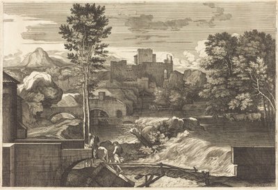 Landschaft mit zwei Figuren auf einer Brücke von Sébastien Bourdon