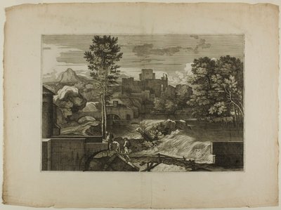 Wasserfall an einer Steinbrücke, mit Schloss in der Ferne von Sébastien Bourdon