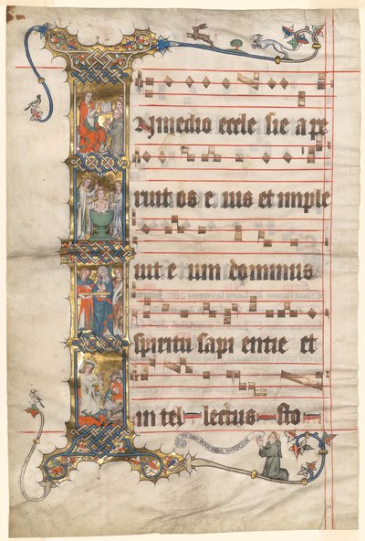 Blatt aus dem Wettinger Gradual: Historisierte Initiale (I) mit Szenen aus dem Leben des Hl. Augustinus von Second Master of the Wettinger Gradual