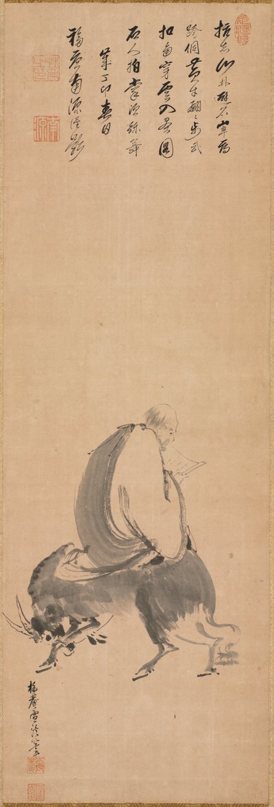 Mann, der rückwärts auf einem Wasserbüffel reitet, 1687 von Sekkei Yamaguchi