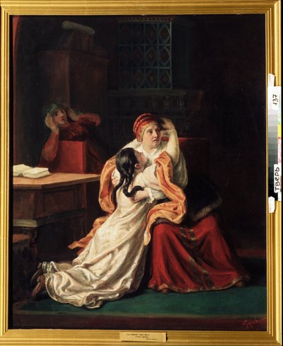Die Zarin Kseniya Godunova (1581-1622). Ein verängstigtes Kind stürzt sich in die Arme von jemandem. Gemälde von Sergei Ivanovich Gribkov (1820-1893) von Sergei Ivanovich Gribkov