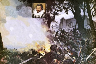 Sir Walter Raleighs Männer greifen ein spanisches Fort an von Severino Baraldi