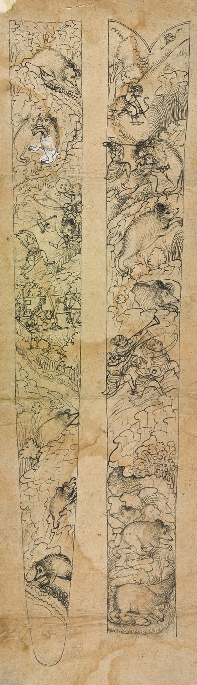 Ein Raja jagt Wildschweine, Entwurf für eine Scheide, ca. 1750-1760 von Shevdar (attr.to) Gangeyagi