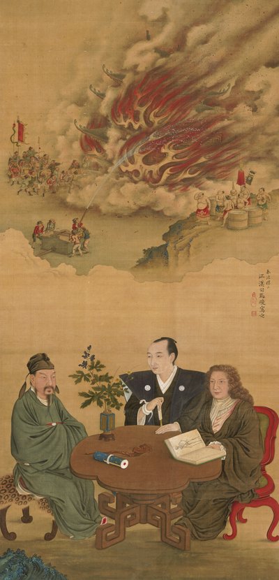 Hängende Schriftrolle, die ein Treffen von Japan, China und dem Westen darstellt von Shiba Kokan