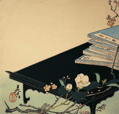 Stapel Bücher und Pflaumenblüten auf einem Tisch von Shibata Zeshin