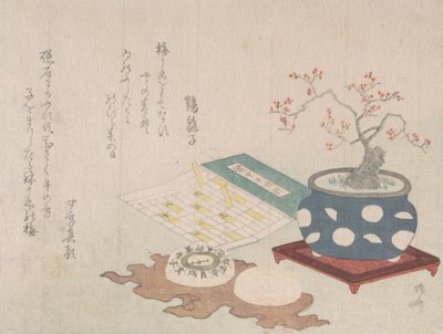 Bonsai-Pflaume, Kompass und Taschensonnenuhr mit Kalenderdesign, aus Frühlingsregen Surimon, 1806 von Shinsai