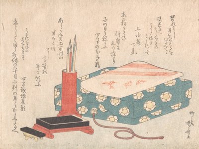 Schreibset und Gedichtkartenbox Shikishi-bako, aus dem Surimono-Album Frühlingsregen, ca. 1805-10 von Shinsai