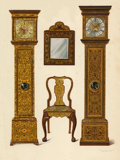 Uhr mit heller Marketerie eingelegt, Eigentum von Percy Macquoid; Uhr mit dunkler Marketerie eingelegt, Victoria and Albert Museum; Walnussstuhl mit Marketerie eingelegt; Spiegel (Chromolithographie) von Shirley Charles Llewellyn Slocombe