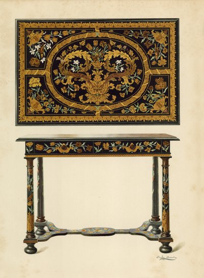 Tisch mit Marketerie eingelegt, Eigentum von Lord Zouche of Haryngworth von Shirley Charles Llewellyn Slocombe