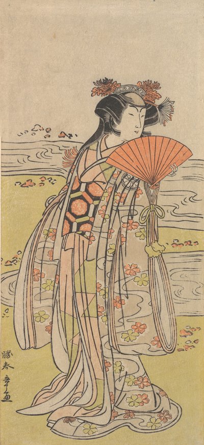 Der Schauspieler Segawa Kikunojo III als Frau, die in der Nähe eines windenden Baches steht, ca. 1777 von Shunsho