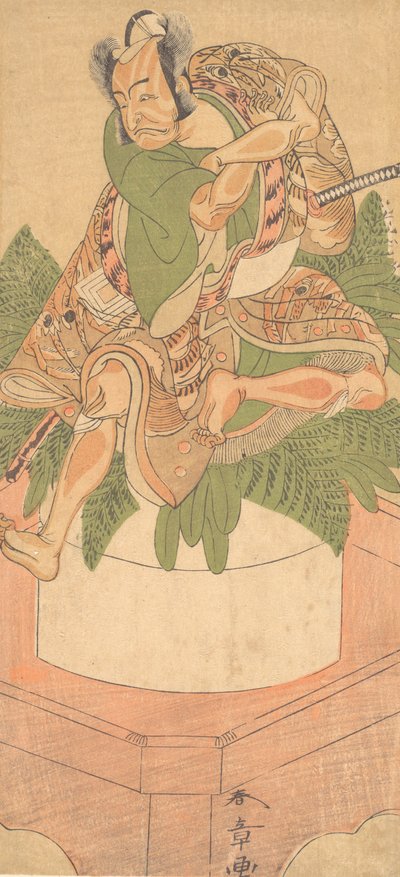 Der vierte Ichikawa Danjuro als Yakko-Diener auf einem großen Mochi-Kuchen sitzend von Shunsho