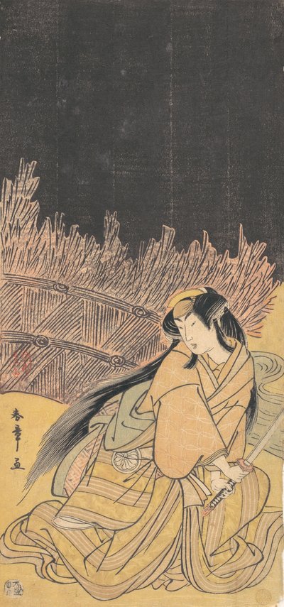 Der dritte Segawa Kikunojo als Frau in hockender Position von Shunsho