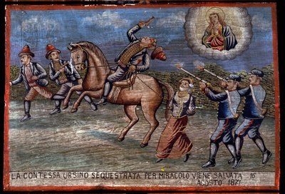 Ex-voto (ex voto) Sizilianisch: „Die entführte Gräfin Ursino wurde am 16.08.1871 durch ein Wunder gerettet“. Darstellung eines Raubüberfalls (Brigantaggio): Die drei Räuber entführen die Gräfin, während die Carabinieri auf sie schießen. von Sicilian School