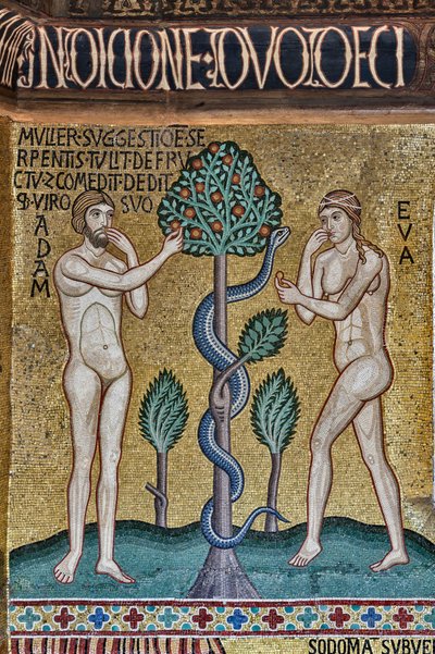 Die Palatinkapelle (Basilika), Mosaikzyklus des Alten Testaments, Zyklus der Schöpfung: "Die Erbsünde", XII. Jahrhundert von Sicilian School