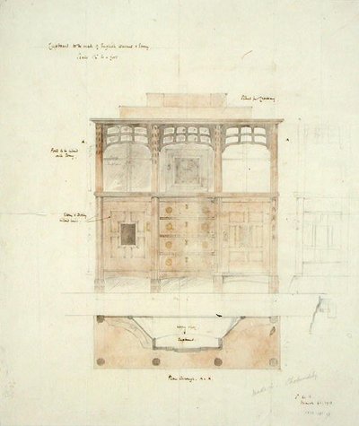 Entwurf für einen Schrank in englischem Nussbaum und Ebenholz von Sidney Barnsley