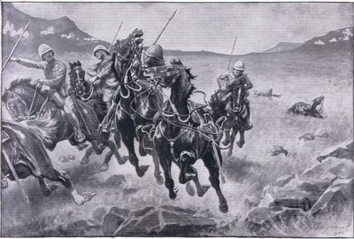 Durch das Spießrutenlaufen: eine Lanzenpatrouille unter Kreuzfeuer (Litho) von Sidney Paget