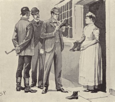 Die Magd zeigte uns die Stiefel: Szene aus der Sherlock-Holmes-Geschichte Das Geheimnis des Boscombe-Tals von Arthur Conan Doyle von Sidney Paget