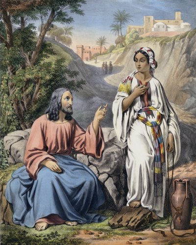 Christus und die Frau von Samaria am Jakobsbrunnen (kolorierte Gravur) von Siegfried Detler Bendixen