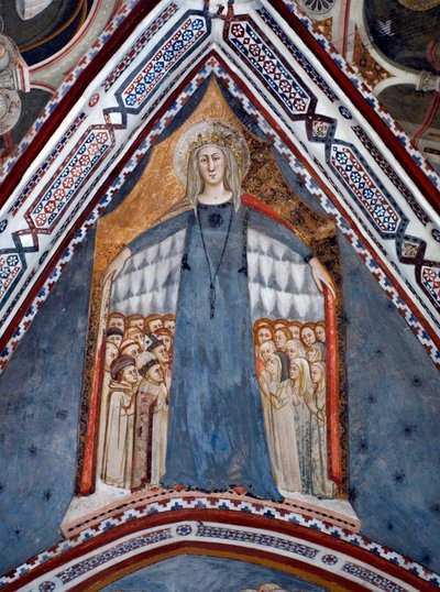 Darstellung der Jungfrau Maria, Mutter der Kirche. Fresko der Kapelle der Jungfrau, geschaffen von der Schule von Siena im 14. Jahrhundert - Kloster St. Benedetto (Sacro Speco), Subiaco (Rom), Italien von Sienese School
