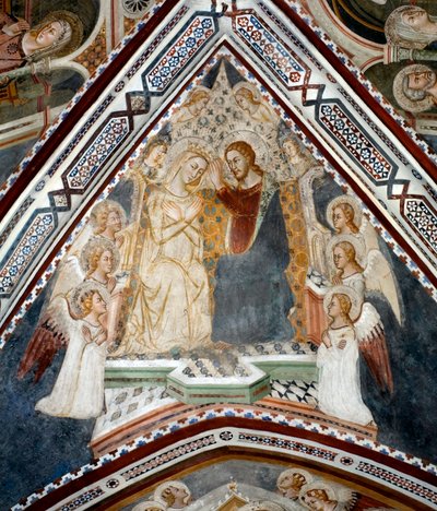 Die Krönung der Jungfrau. Fresko der Kapelle der Jungfrau, ausgeführt von der Schule von Siena im 14. Jahrhundert - Kloster von San Benedetto (Sacro Speco), Subiaco (Rom), Italien von Sienese School