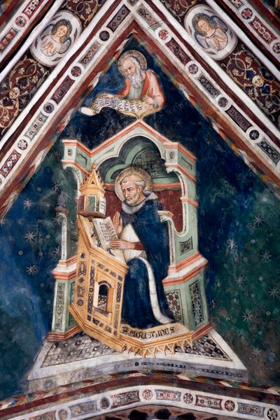 Ansicht eines Freskodetails in einem der Gewölbe der Oberkirche, das die vier Kirchenlehrer der römischen Kirche darstellt: Augustinus von Hippo und den Evangelisten Johannes. Kloster San Benedetto (Sacro Speco), Subiaco (Rom), Italien von Sienese School