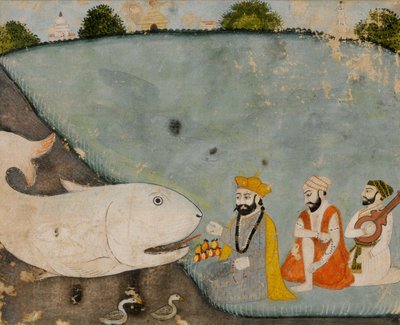 Guru Nanak mit Bala, Mardana und dem großen Fisch (Vishnu in Matsyavatara) von Sikh School