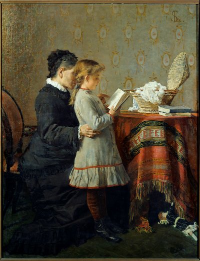 Lesestunde. Eine Krankenschwester bringt einem kleinen Mädchen das Lesen bei. Gemälde von Silvestro Lega (1826-1895) von Silvestro Lega