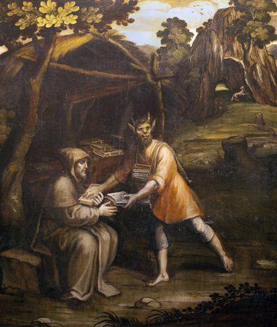 Der Teufel nimmt die heiligen Bücher und ersetzt sie durch weltliche Bücher; Gemälde von Simao Rodrigues (1560-1629) von Simao Rodrigues