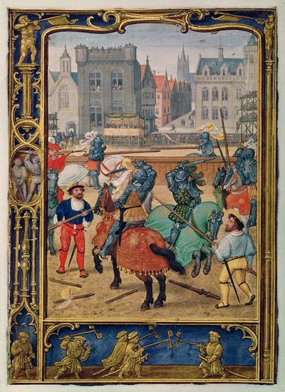 Juni: Turnier und ein Spiel mit Steckenpferden, aus einem Stundenbuch, oder dem Golfbuch, ca. 1520-30 von Simon (workshop of) Bening