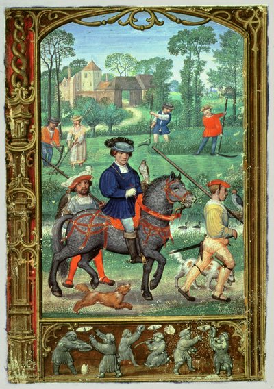 Juli: Falknerei, Heuernte und Schmetterlingsjagd, aus einem Stundenbuch, oder dem Golfbuch, ca. 1520-30 von Simon (workshop of) Bening