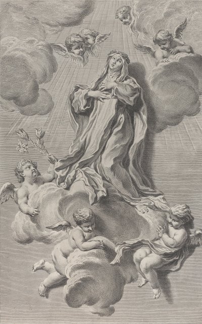 Die Ekstase der Heiligen Katharina von Siena, kniend auf einer Wolke, getragen von Engeln, 1729-40 von Simon Francois Ravenet