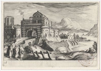 Emmausjünger vor einem Stadttor in einer Berglandschaft von Simon Frisius