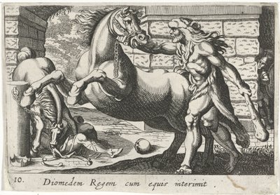 Herkules zähmt die Pferde des Diomedes (Diomedem Regem cum equis, Herculische Themen) von Simon Frisius