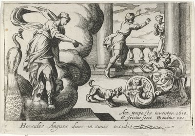 Junger Herkules erwürgt zwei Schlangen (Hercules Angues duos in cunis occidit) (Herkulische Themen) von Simon Frisius