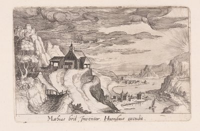 Landschaft mit einem Flusstal und einer Kirche auf einem Hügel, aus Topographia Variarum Regionum von Simon Frisius