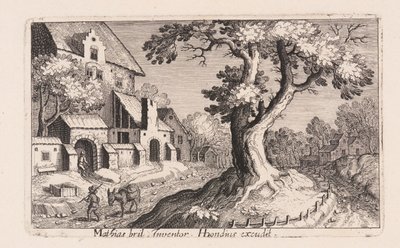 Mann mit einem Esel, der an einem Dorf vorbeigeht, aus Topographia Variarum Regionum von Simon Frisius