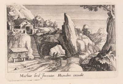 Paar von Figuren, die unter einer Felsenbrücke gehen, aus Topographia Variarum Regionum von Simon Frisius